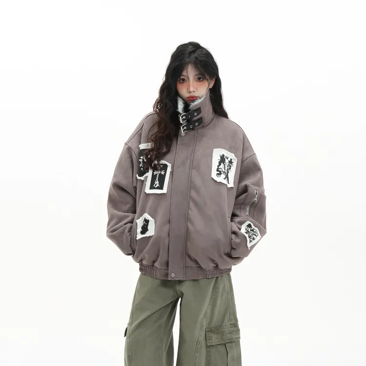 MAX ME美式复古贴布毛领座山雕棉衣冬季保暖加厚棉袄情侣棉服外套