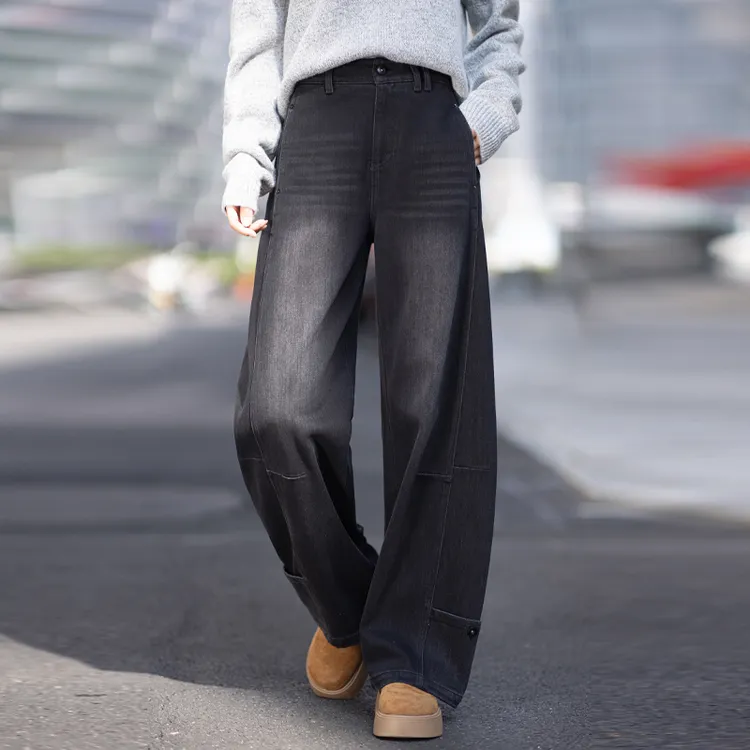 黑灰色弯刀牛仔裤女2025新款秋冬季工装风裤子阔腿裤镰刀裤香蕉裤