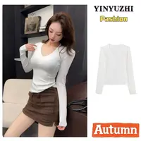 秋季v领韩系修身女士打底衫长袖T恤纯色3661