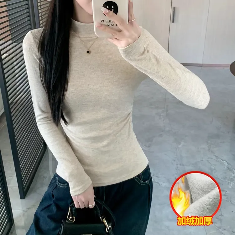 年谜半高领打底衫T恤女秋冬季洋气内搭紧身中领加绒磨毛保暖上衣
