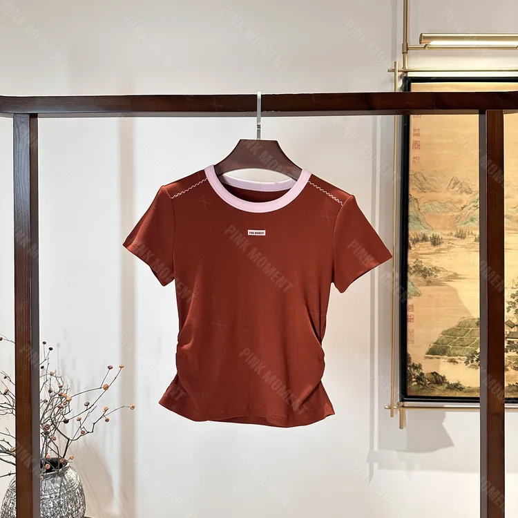 PM王囡囡 砖红/粉色撞色字母收腰短袖 ND1A0572