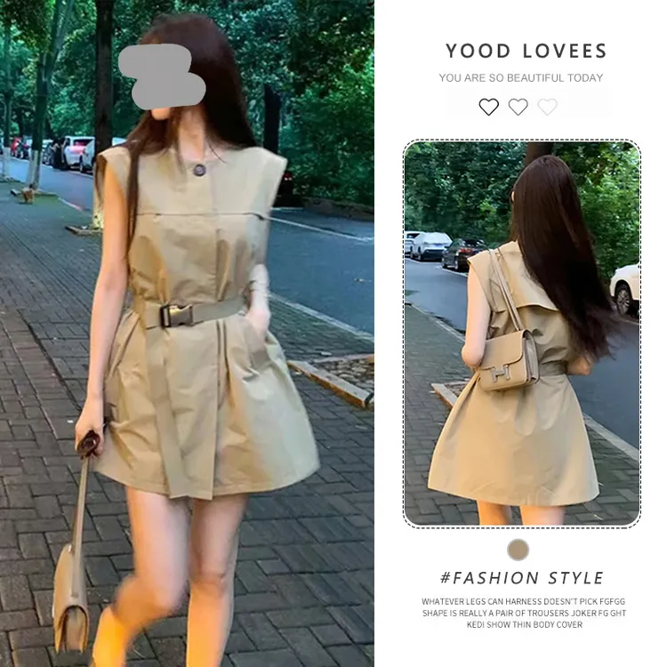 卡其色无袖连衣裙2025年夏季新款小个子气质今年流行短裙裙子女装