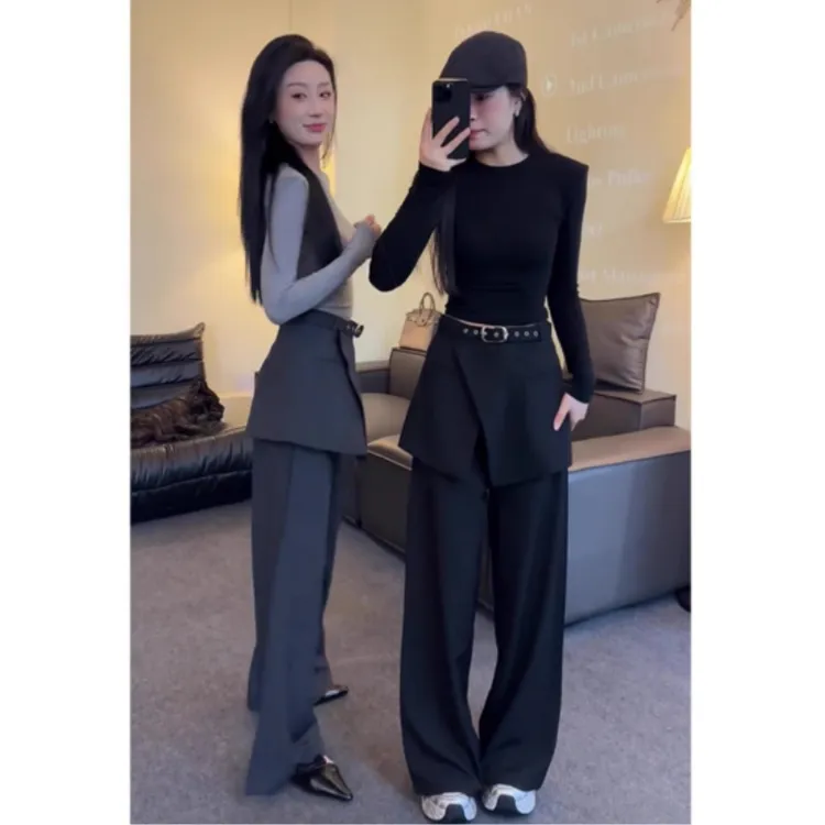 2025秋季新款假两件屁帘西装裤裙女高级设计感显瘦宽松阔腿休闲裤