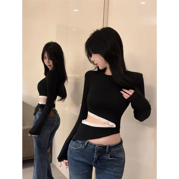 一字肩辣妹黑色长袖T恤女装秋季蕾丝拼接镂空修身短款不规则上衣