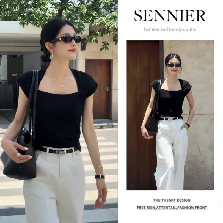 气质穿搭一整套2025新款时尚洋气方领收腰上衣百搭阔腿裤两件套装