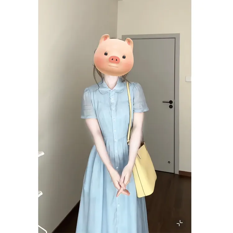 大码春夏新款法式娃娃领欧若风蓝色连衣裙女2025新款减龄文艺长裙