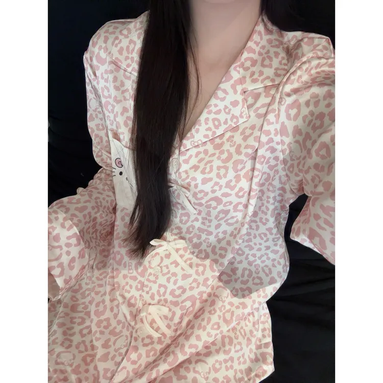 纯欲甜美少女粉长豹纹Kitty冰丝睡衣女春秋季长袖长裤家居服套装