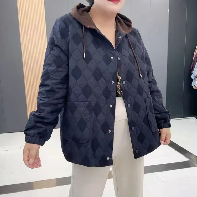 26037-大码拼接撞色连帽提花双口袋休闲外套