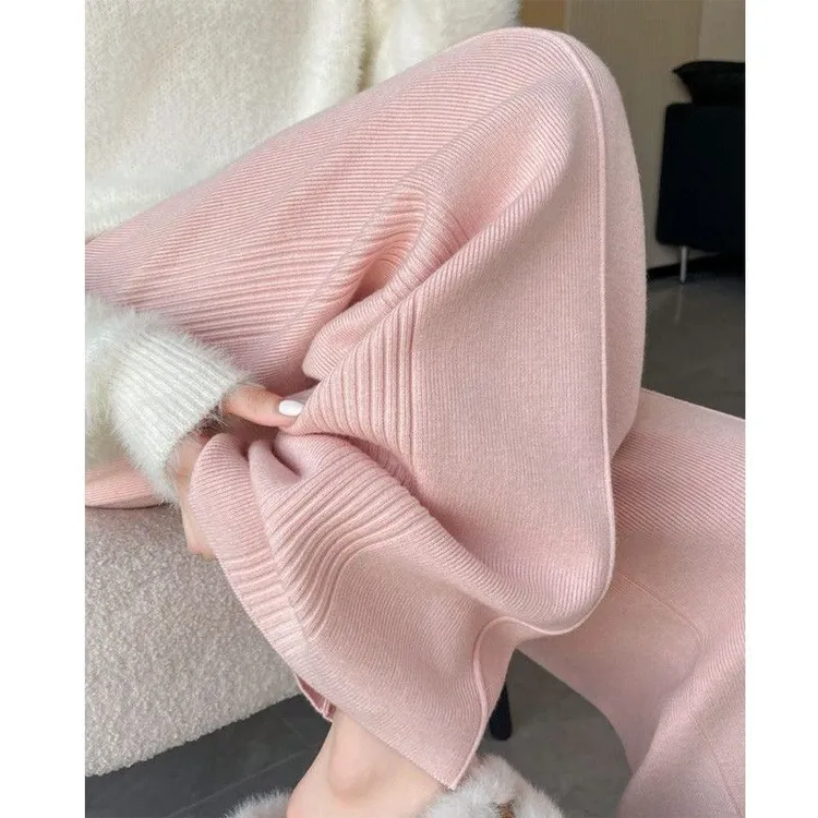 粉色软糯针织阔腿裤女春秋加厚垂感窄版直筒裤高腰宽松显瘦休闲裤