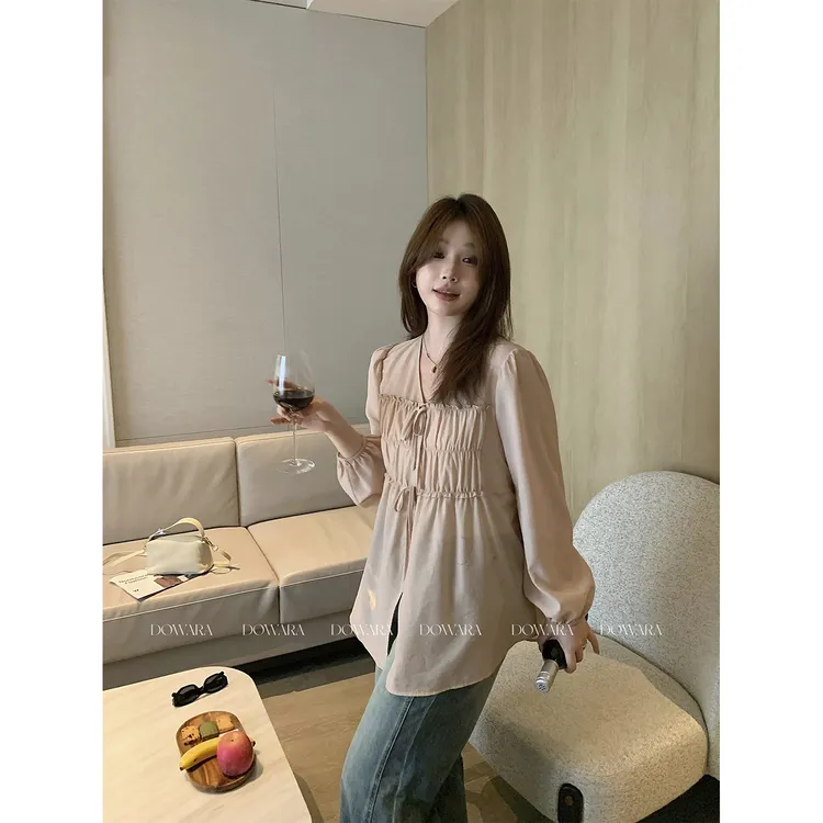 大婉酱微胖定制【粉光录】法式温柔风系带上衣女百搭减龄衬衫9534D 