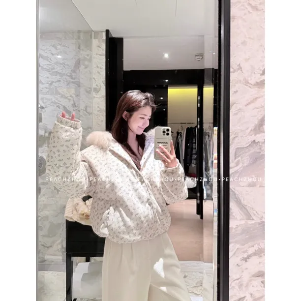 PEACHZHOU 碎花'重返18'连帽可拆卸貉子毛领宽松休闲连帽棉服外套