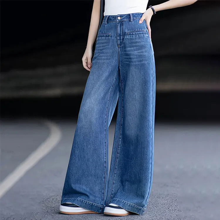 夏季新款休闲裤女高级感洋气复古水洗蓝阔腿裤高腰显瘦时髦长裤潮