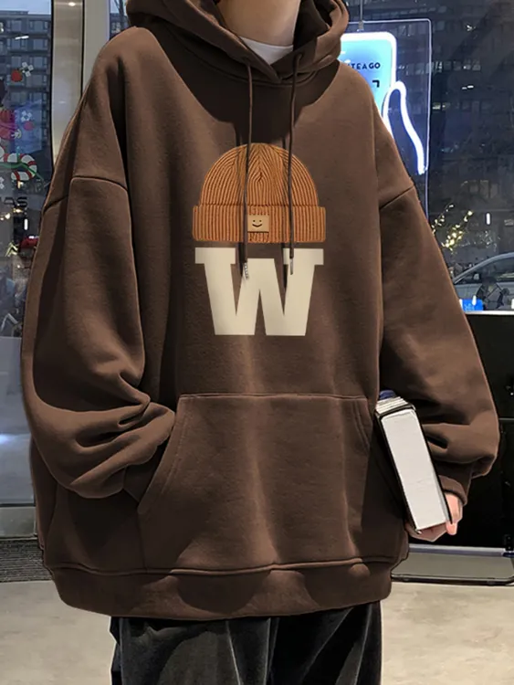 大码男装300斤美式高街棕色连帽卫衣男秋冬加绒重磅宽松长袖外套