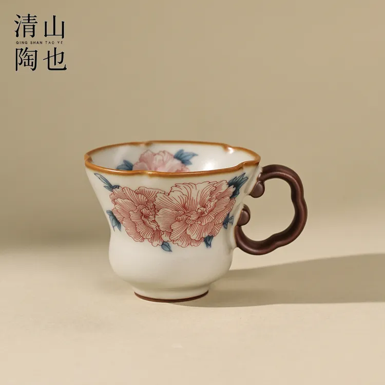 手绘复古芙蓉花四瓣花口福禄主人杯居家家用咖啡茶具挂耳杯家用商品图