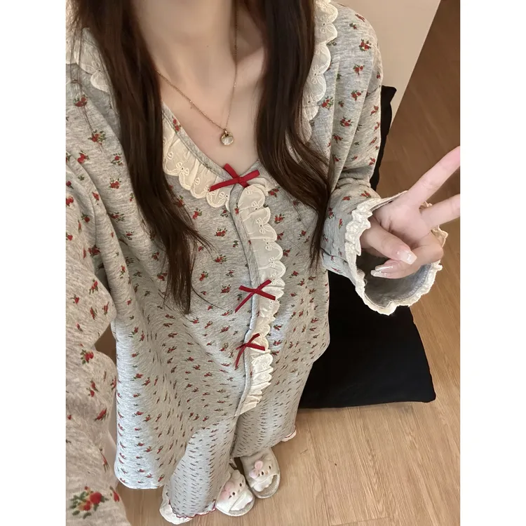 韩系少女清新碎花蕾丝边睡衣女春秋新款长袖长裤家居服套装可外穿