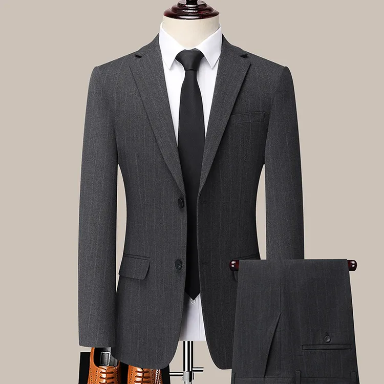 高品 2025秋季新款男士条纹西服套装韩版修身款婚礼西装两件套