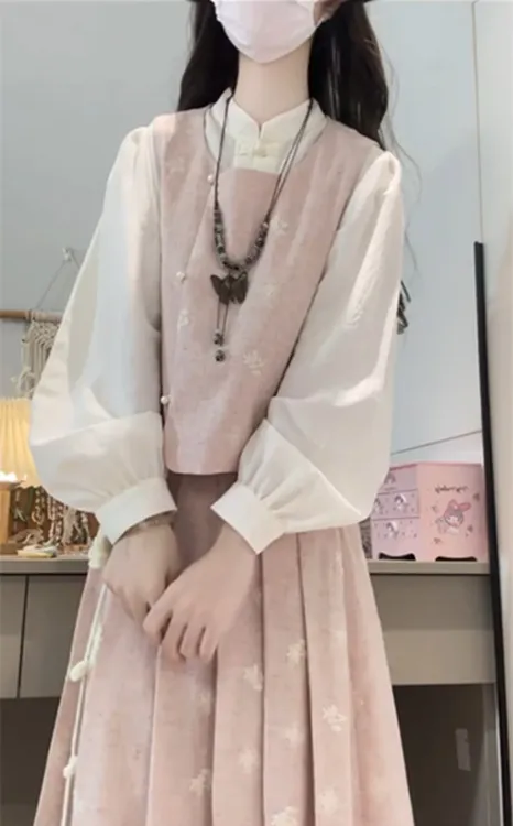秋季穿搭一整套粉色提花新中式国风套装女衬衫马甲半身裙三件套潮