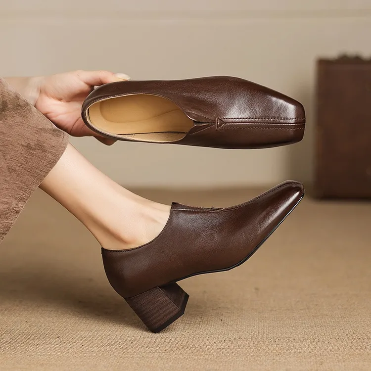 头层羊皮~复古老钱风深口气质单鞋女一脚蹬懒人小皮鞋软皮奶奶鞋