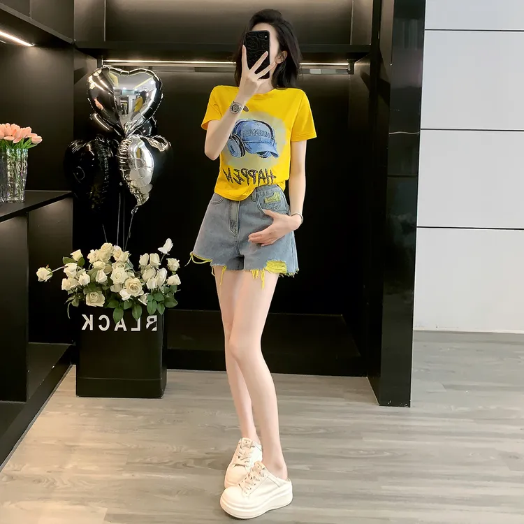 简约个性休闲时尚套装女夏季新款圆领烫钻印花短袖牛仔短裤热裤子
