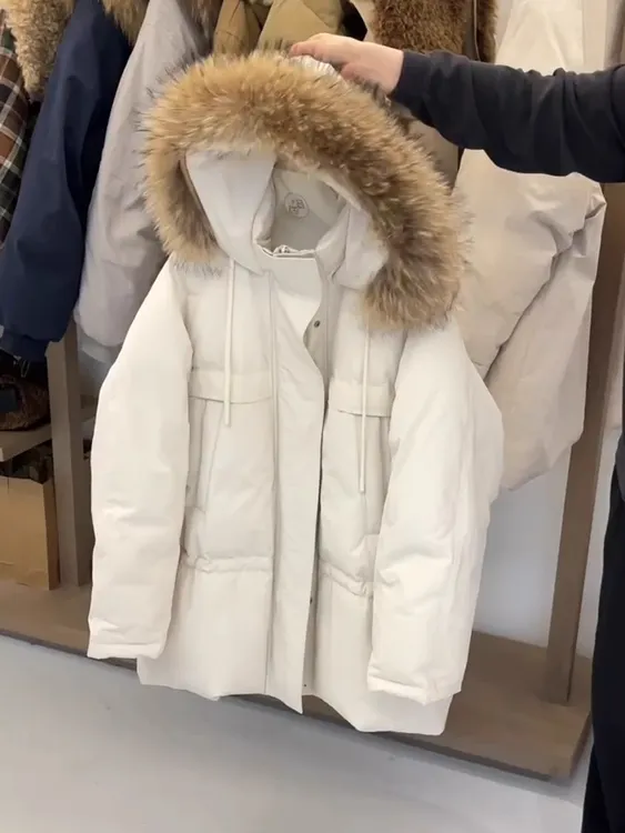 中长款大毛领棉服女2025冬季新款小个子韩系连帽简约时尚保暖外套