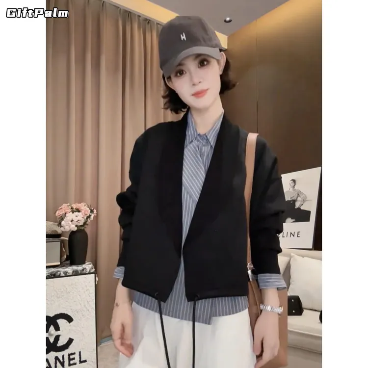 GiftPalm韩系时尚翻领开衫外套女秋季新款宽松显瘦百搭洋气减龄潮
