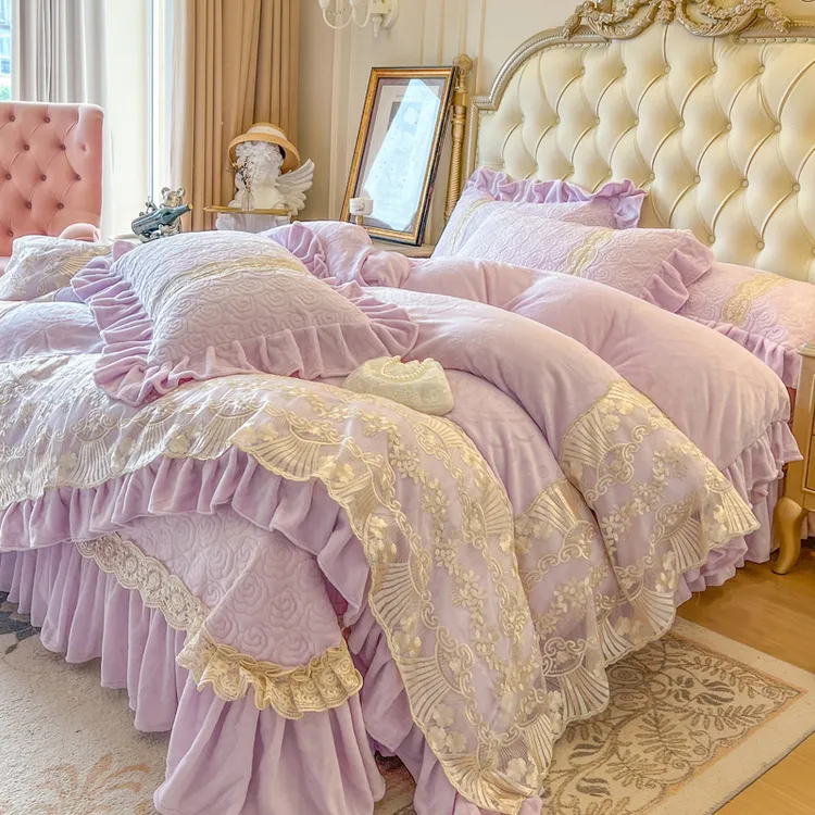 高档雕花牛奶绒床上四件套公主风蕾丝花边双面珊瑚绒被套加厚床盖