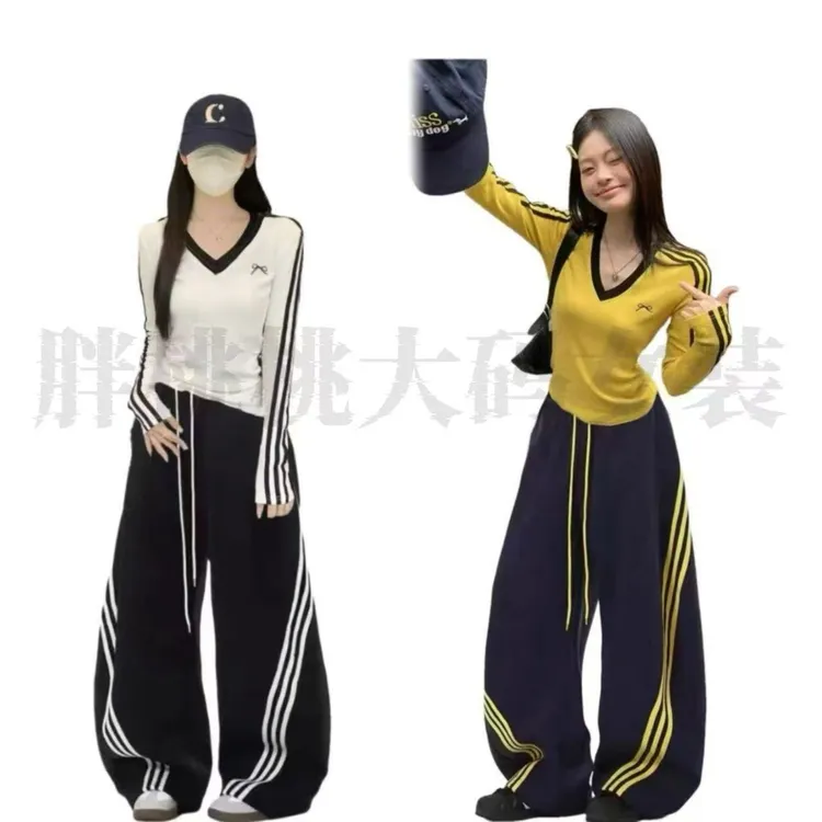 【L定制-朋赛克】新款大码胖MM休闲风显瘦长袖高腰弯刀阔腿裤套装