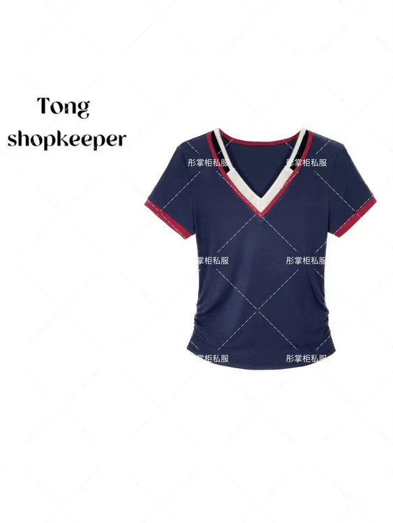 QJ/彤掌柜1681499 夏季25假两件撞色桑蚕丝绵羊毛拼走秀款上衣