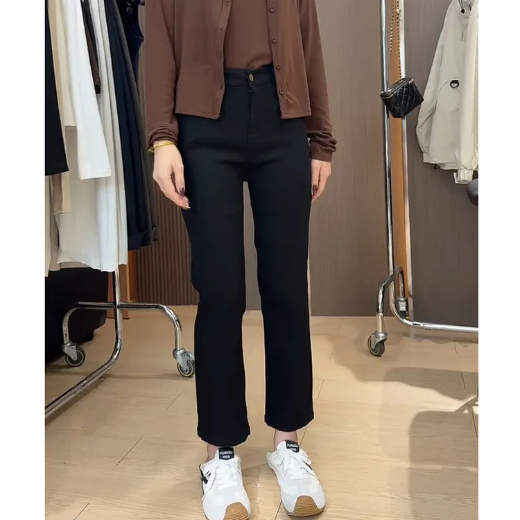 黑色弹力烟管牛仔裤女春秋大码胖mm高腰显瘦小个子九分直筒法棍裤