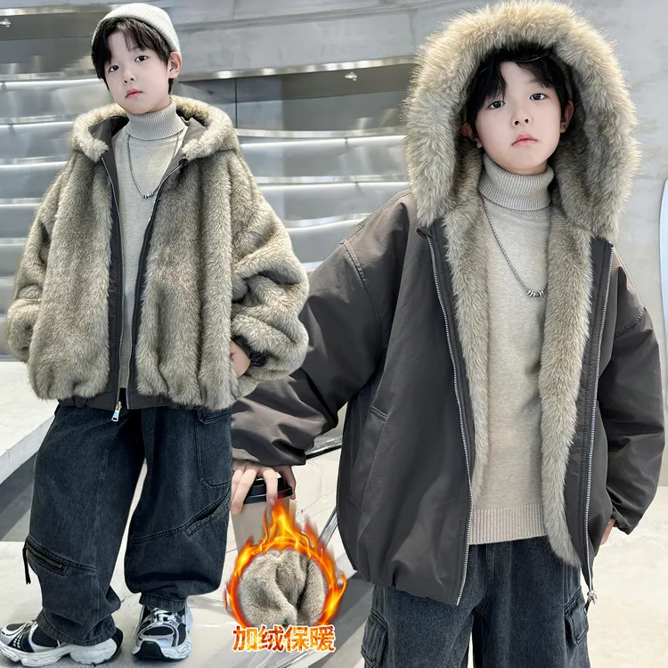 儿童装男童皮毛一体加绒外套冬装2025新款中大童双面穿秋冬季加厚