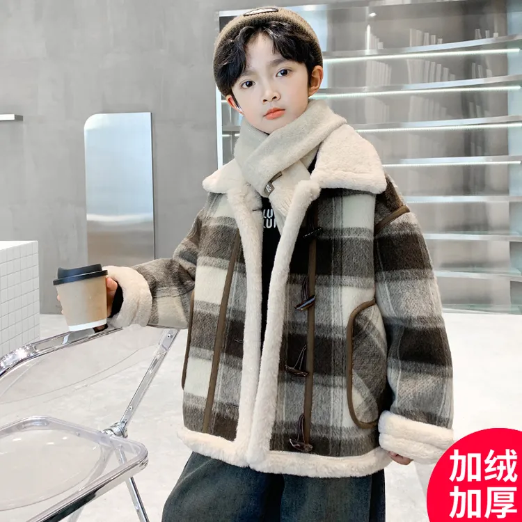 男童外套秋冬款2025新款冬季加绒加厚棉服中大儿童男孩冬装呢大衣