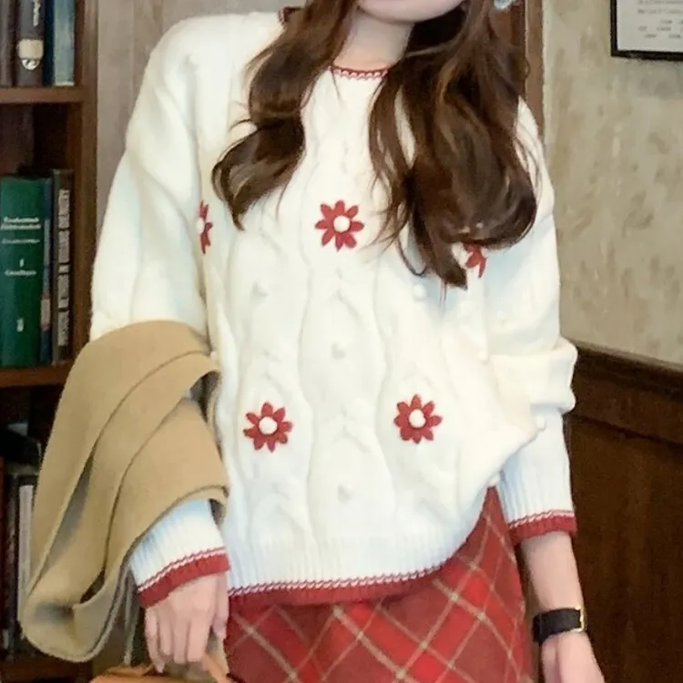 冬复古立体球花朵圆领套头针织毛衣+短裙套装LK1230015/LK1230016