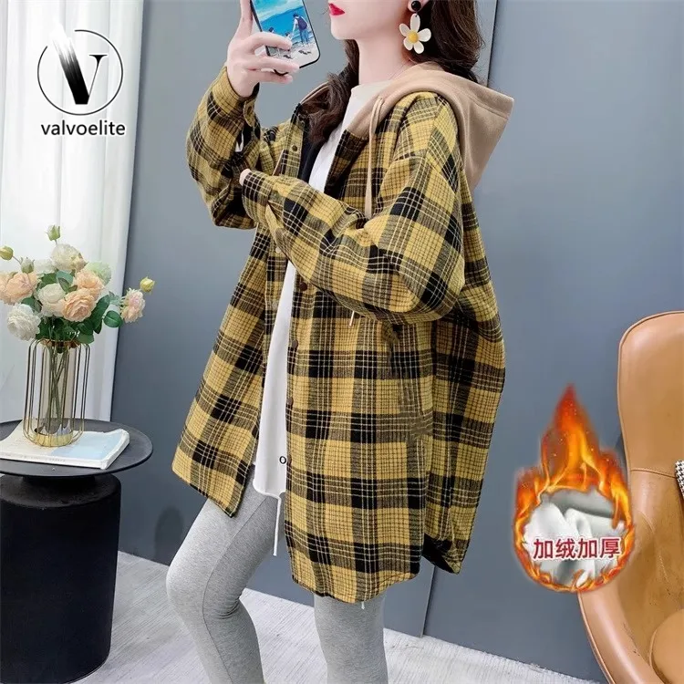 VALVOELITE新款大码女装开衫外套女秋冬加绒加厚格子衬衫爆款上衣