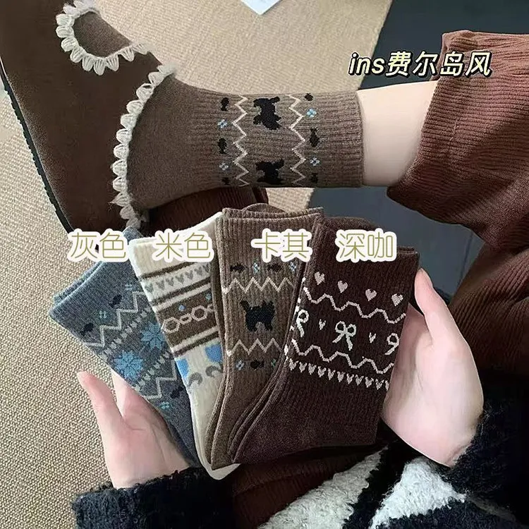 袜子女民族风费尔岛秋冬中长筒复古日系ins学生潮流袜显瘦百搭CCC