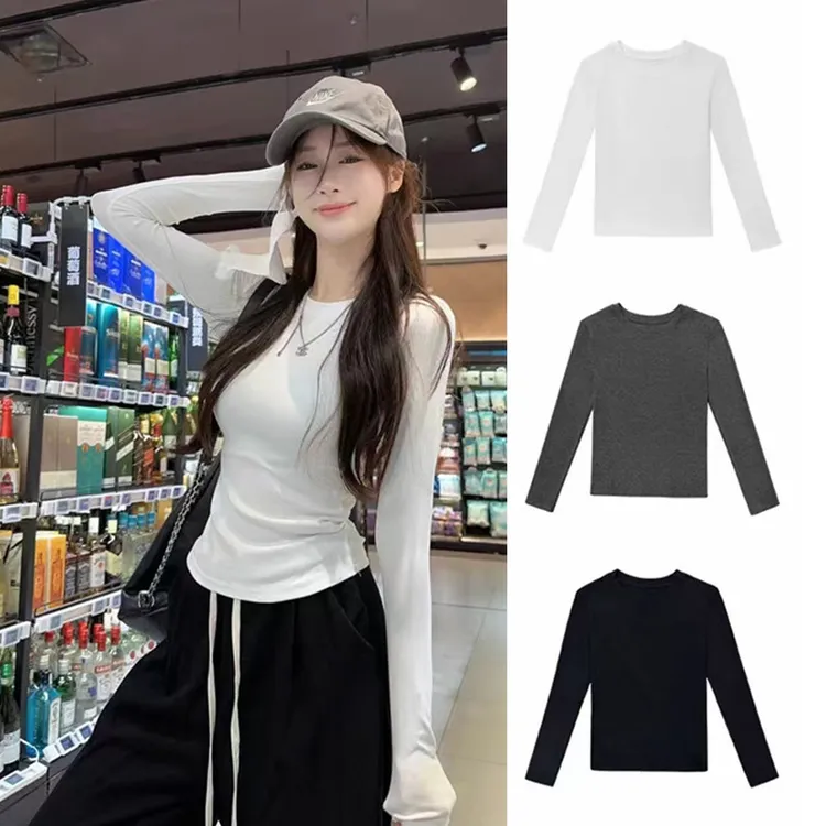 白色修身T恤女显瘦圆领长袖秋季2025爆款洋气百搭打底衫内搭上衣