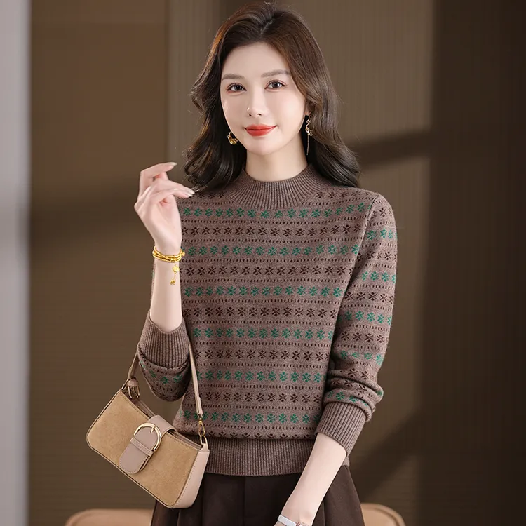【羊毛衫】新款秋冬女士半高领长袖洋气提花宽松显瘦厚款保暖毛衣