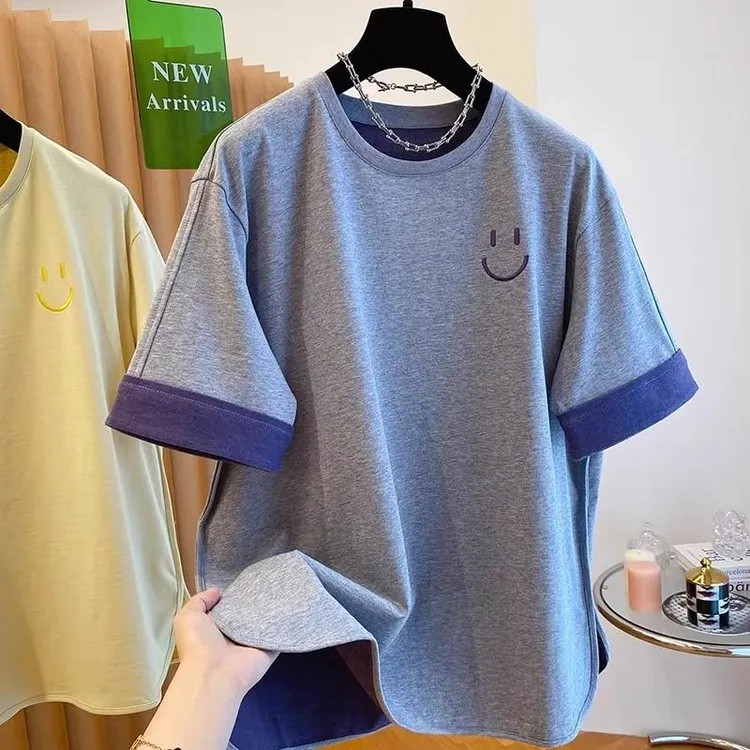 韩国刺绣笑脸t恤女短袖2025新款宽松大版圆领下摆开叉打底衫上衣