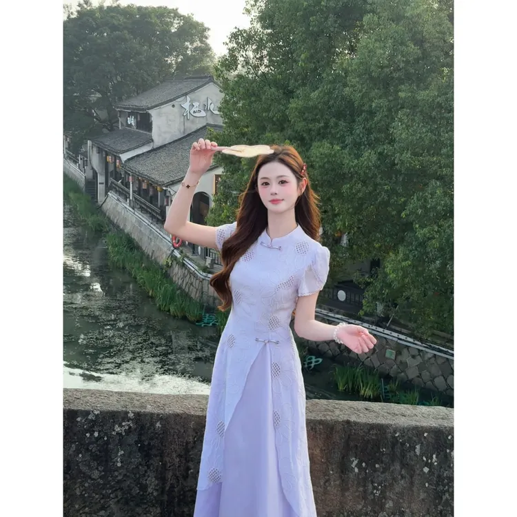 【紫阳花】<77>新中式镂空刺绣假两件旗袍连衣裙XMZH8062