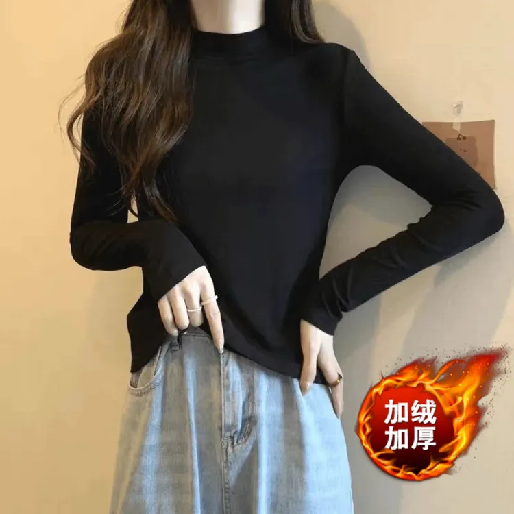 80-200斤加绒加厚半高领长袖秋冬白色显瘦女胖MMT恤德绒打底保暖
