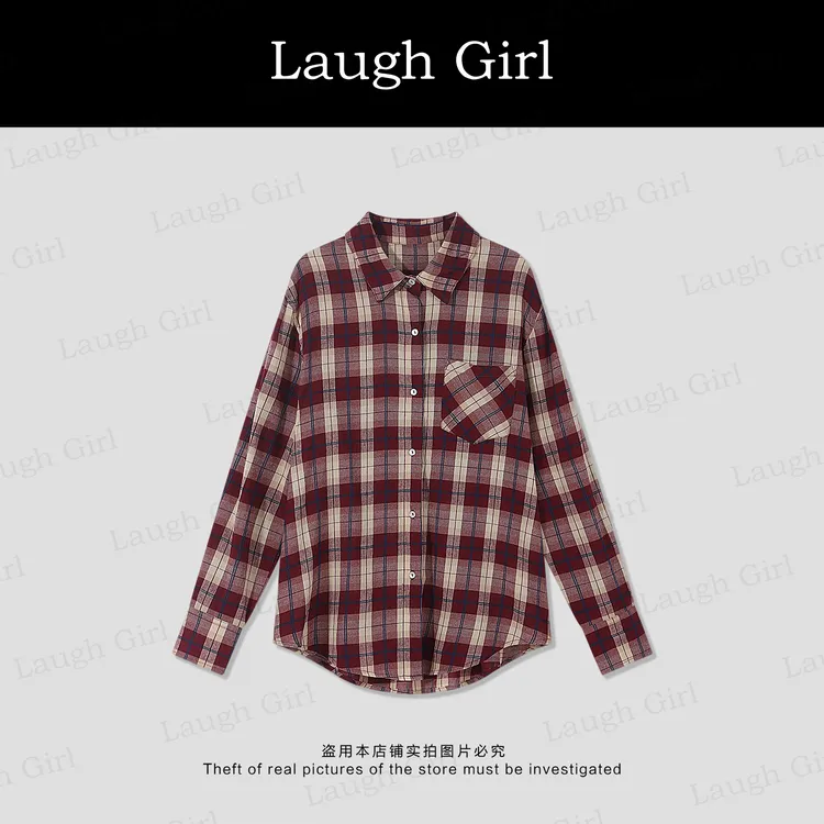 楚楚君 Laugh girl【格外有调】秋季红格宽松韩版衬衫外套CL53811J