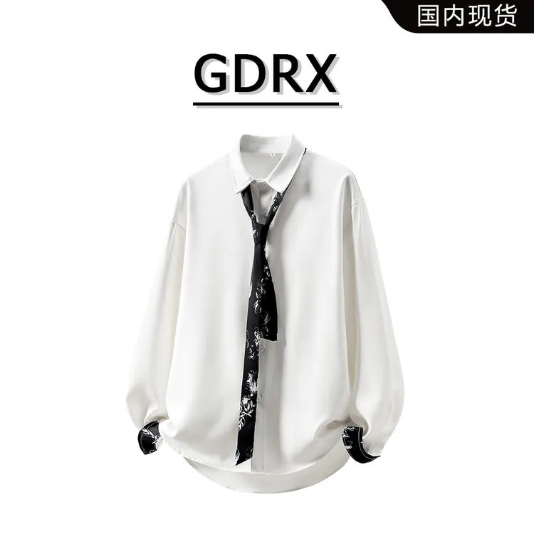GDRX美式垂感长袖衬衫男士秋冬季宽松领带翻领上衣轻奢高级感衣服