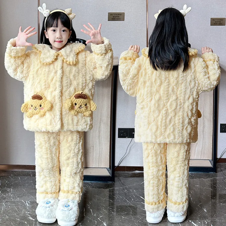 新款法兰绒女童睡衣加绒三层夹棉加厚秋冬季儿童公主卡通家居服