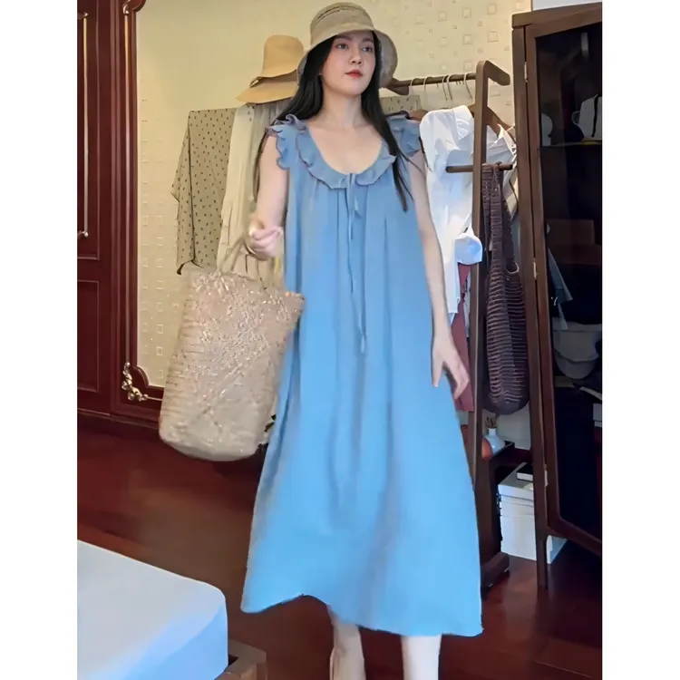 新款无袖背心法式宫廷风纯棉纱睡裙女夏天薄款韩版甜美少女家居裙