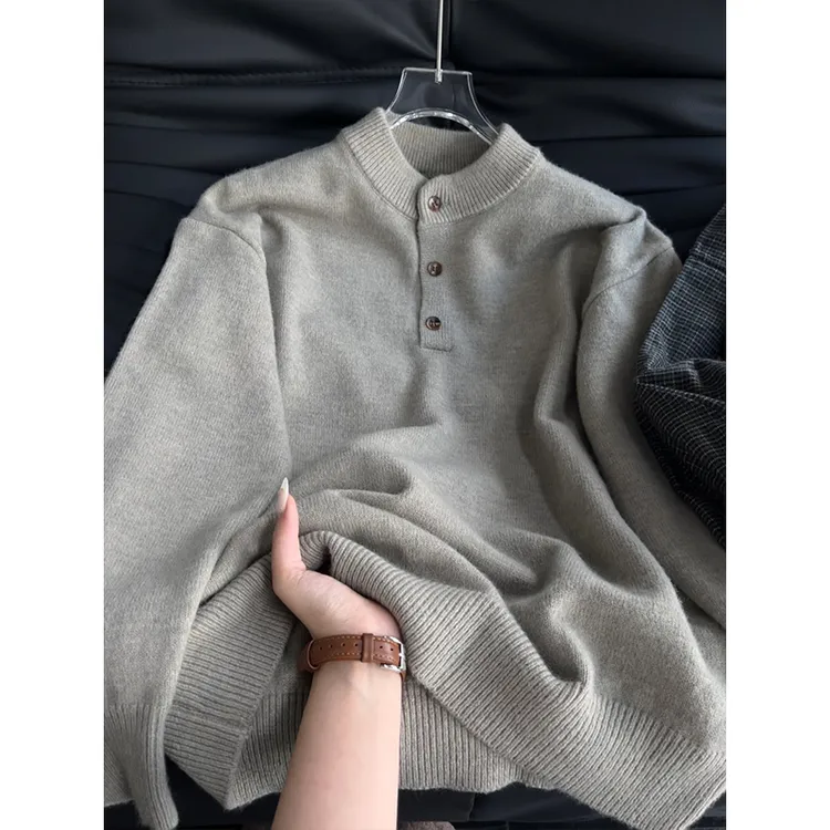 美式复古亨利领针织毛衣男款秋冬季休闲慵懒卫衣情侣套头开衫上衣