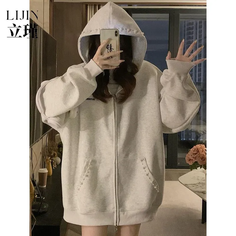 串珠黑色夹克女性2025秋季新字母刺绣新潮品牌休闲连帽运动衫新潮