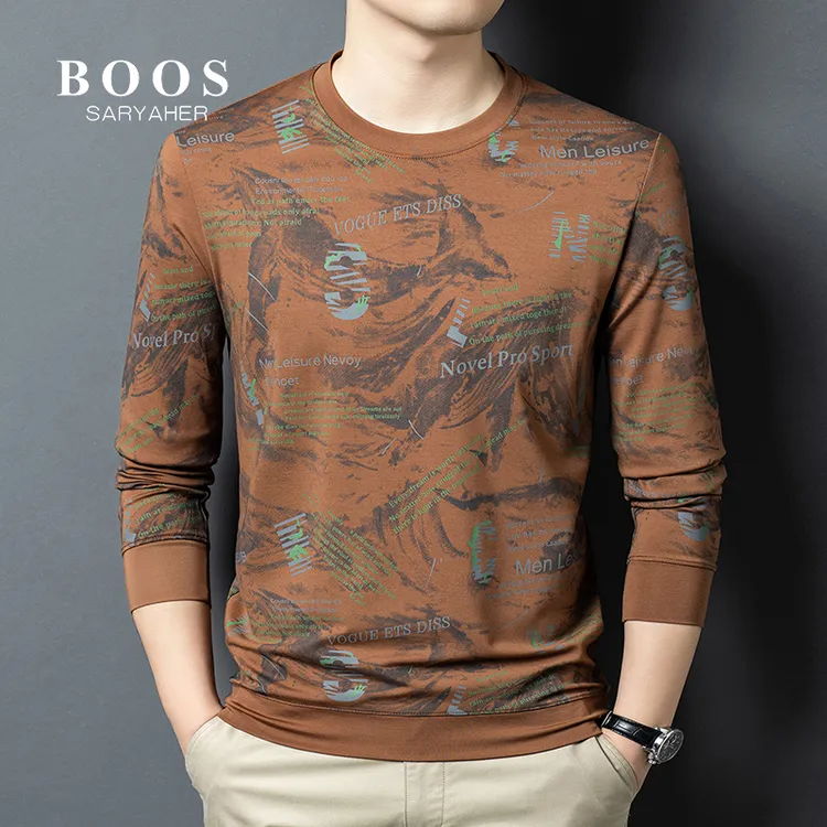 BOOSSARYAHER秋季时尚印花圆领长袖卫衣男士时尚潮流百搭T恤