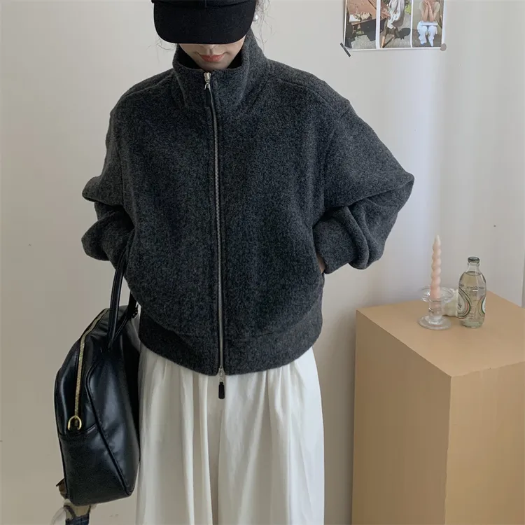 2025冬季新款韩系百搭欧若风休闲简约高立领短款宽松外套女