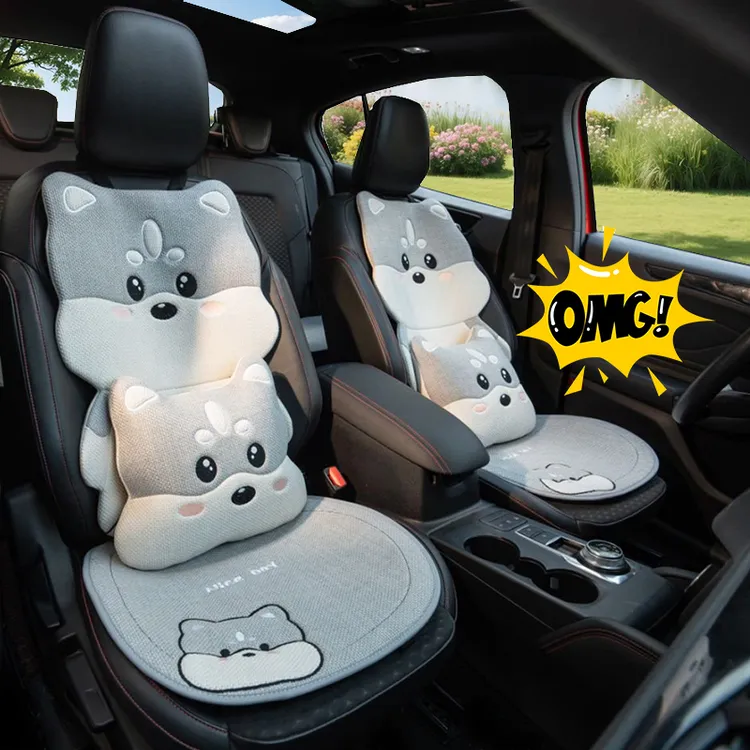 夏雷顿卡通哈士奇可爱汽车坐垫四季通用透气女士车座椅垫棉麻半包