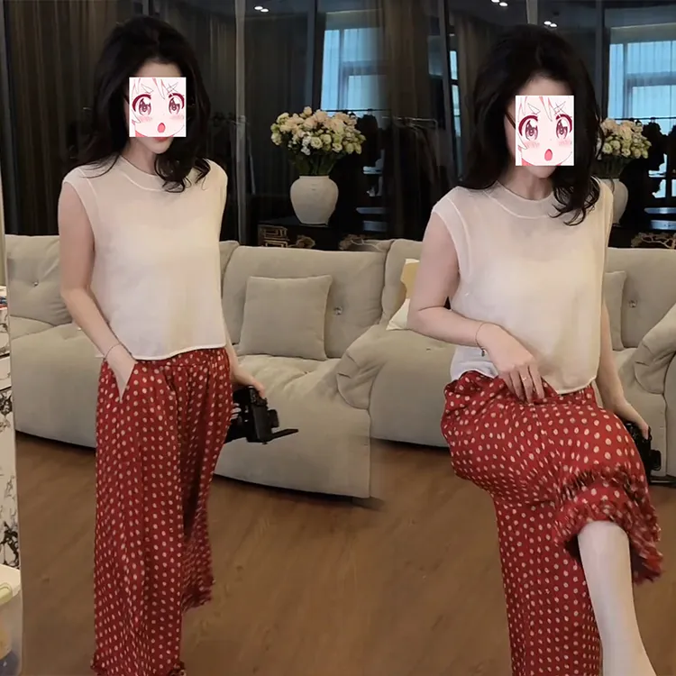 松弛感休闲风夏季减龄穿搭薄透圆领无袖背心波点阔腿九分裤三件套
