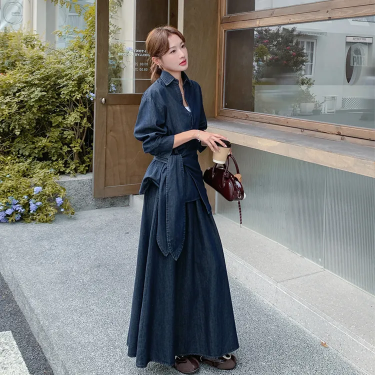 复古老钱风牛仔衬衫半身裙套装女2025秋新款韩系高级巨显瘦两件套